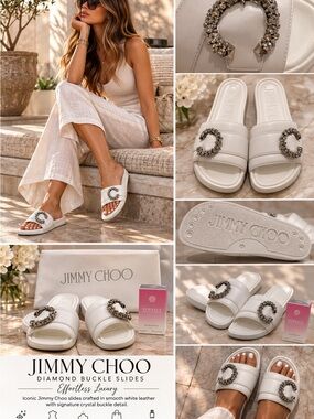 Jimmy Choo White Leather Slides with Crystal Buckle